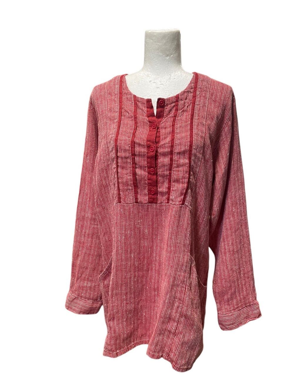 Flax Linen Red White Striped Long Sleeve Tunic Top Lagenlook Oversized Medium